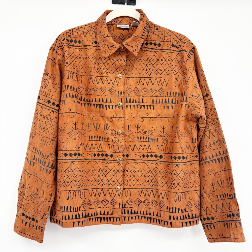 Chico's Women Rust Tribal Geometric Faux Suede Boho‎ Button Down Shirt Size 2 L